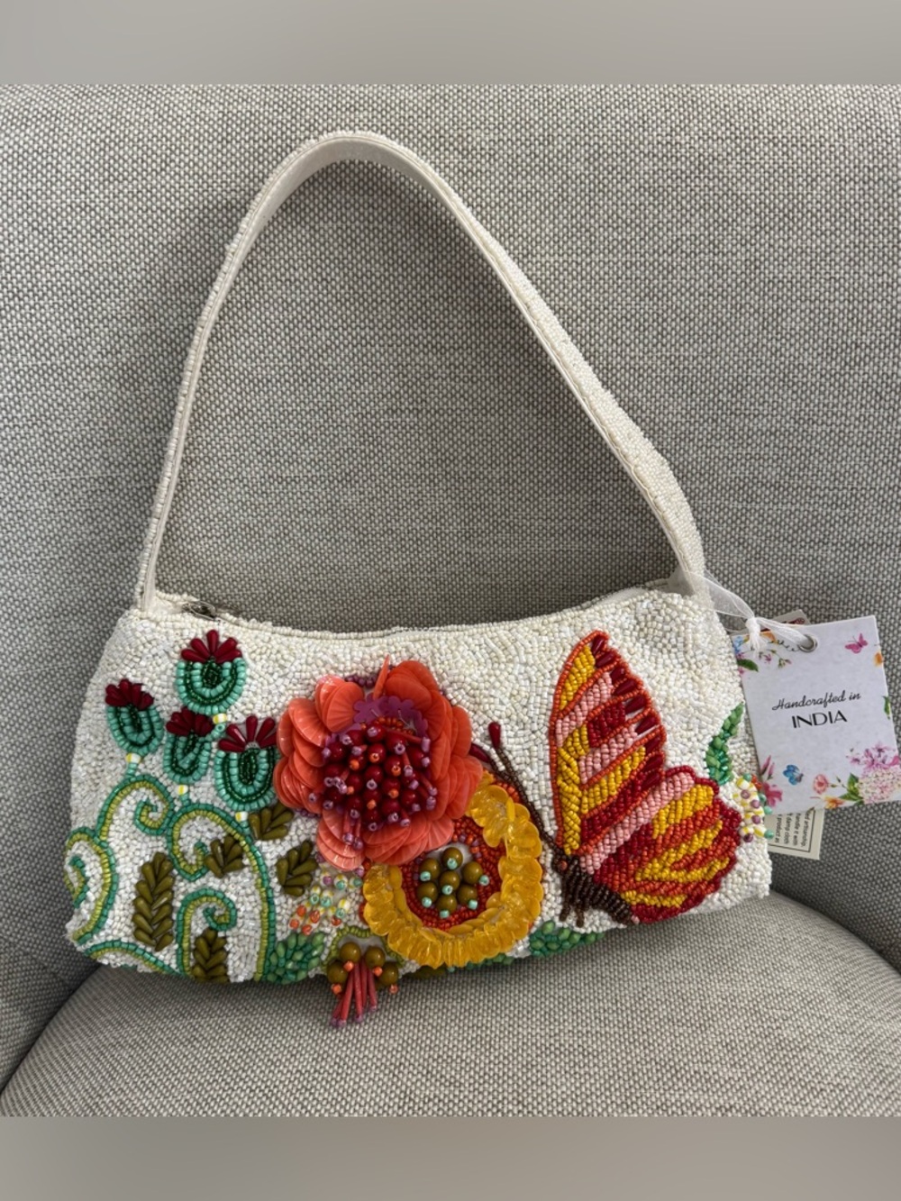 Made in India White Beaded Floral & Butterfly Shoulder Bag